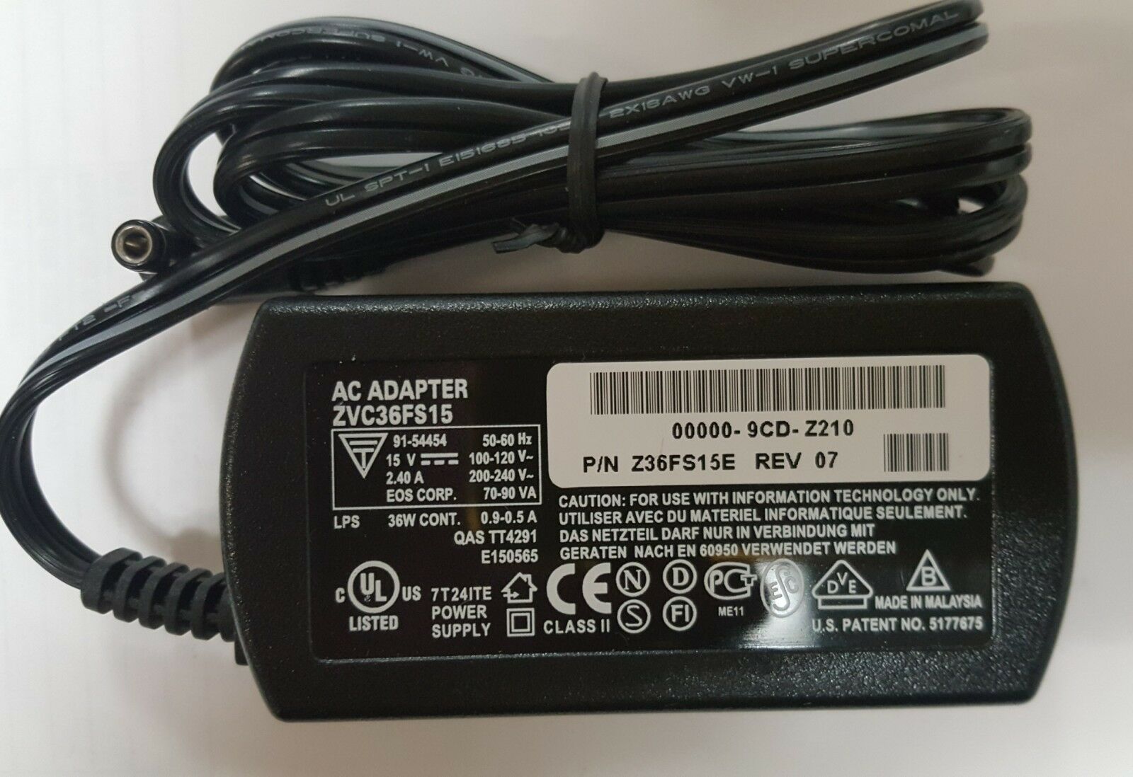 NEW ZVC36FS15 15V DC 2.4A Z36FS15E REV 07 AC/DC Adaptor Power Supply